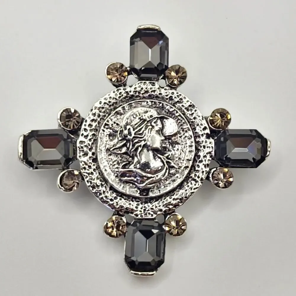 Cameo Brooch Silver Tone Metal with Faux Smoky Gray Jewels & Rhinestones Cross